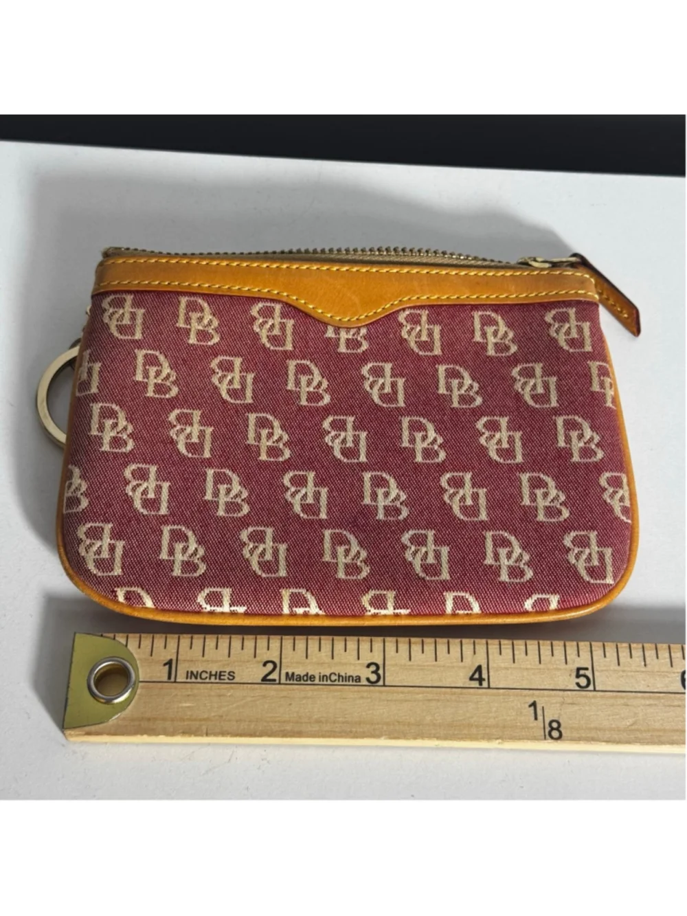 Dooney & Bourke Burgundy & Tan DB Monogram Coin Purse Pouch Leather Trim Key